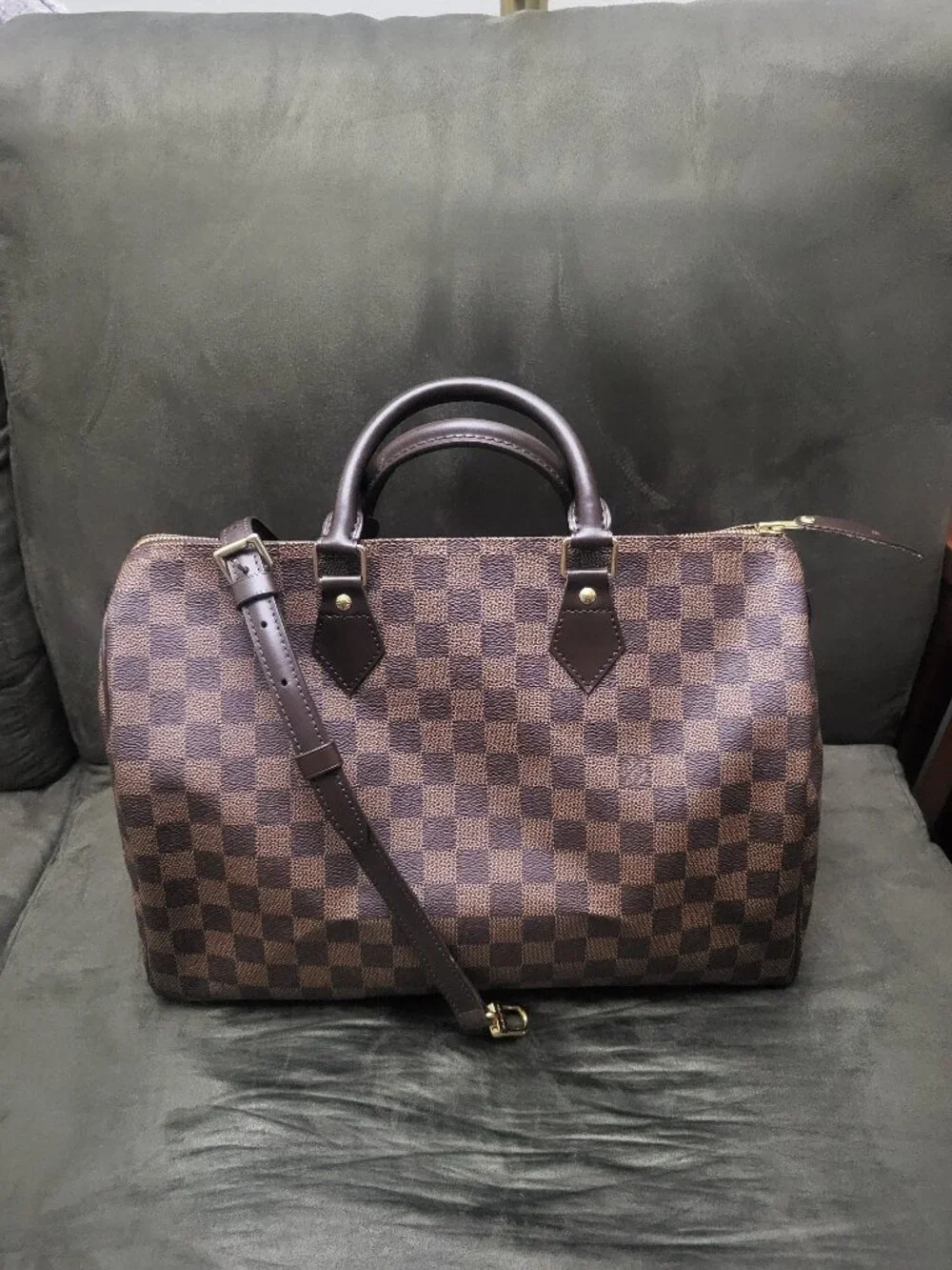 NEVER USED Louis Vuitton Speedy Duffle 35 Brown Canvas Damier Ebene w/ strap